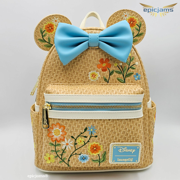 Loungefly Disney Minnie Mouse Raffia Floral Ears Embroidered Mini Backpack New - Picture 1 of 7